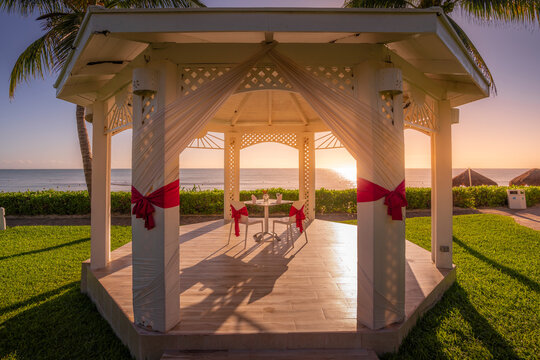 View of hotel wedding bandstand and sea near Puerto Morelos, Caribbean Coast, Yucatan Peninsula, Mexico