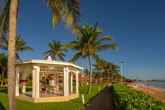View of hotel wedding bandstand and beach near Puerto Morelos, Caribbean Coast, Yucatan Peninsula, Mexico