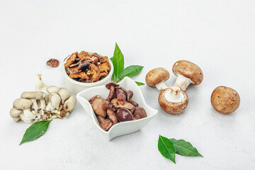 Assortment of various mushrooms - fresh, dried and pickled. Oyster, cremini, porcini and shiitake