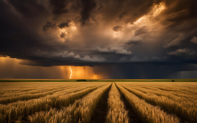 Dramatic storm clouds over Kansas wheat fields, golden light, vast, open skies