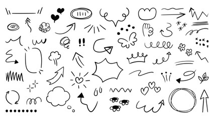Set of cute pen line doodle element vector. Hand drawn doodle style collection of scribble, speech bubble, arrow, flower, heart, crown. Design for print, cartoon, card, decoration, sticker.