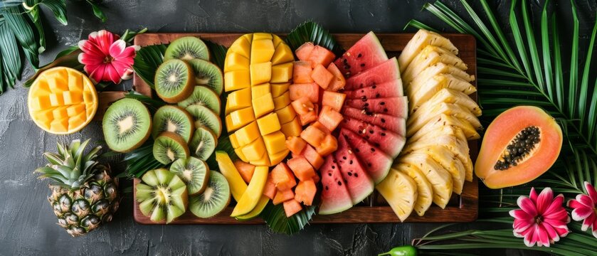 A flat lay of a tropical fruit platter arranged on a wooden cutting board, including sliced watermelon, pineapple, mango, and kiwi, surrounded by palm leaves and exotic flowers