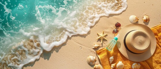 A top-down view of a beach towel laid out on golden sand, adorned with sunglasses, a sun hat, a bottle of sunscreen, and seashells scattered around, with the sparkling ocean in the distance