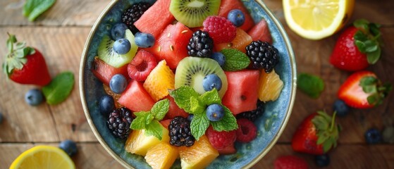 A top-down view of a refreshing fruit salad arranged in a colorful bowl, featuring a mix of watermelon, berries, kiwi, and citrus fruits, garnished with mint leaves and served on a wooden table