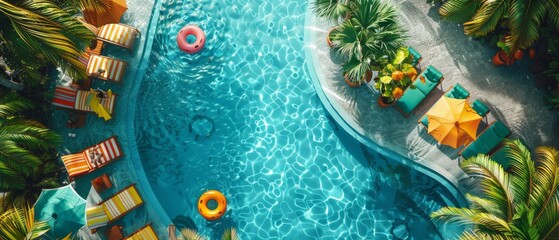 An aerial shot of a poolside scene with colorful inflatable floats, sun loungers, and umbrellas arranged around a crystal-clear swimming pool, surrounded by palm trees and lush foliage - obrazy, fototapety, plakaty