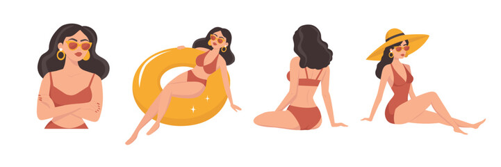 Summer collection. Vector illustration of resting women. Beach girls