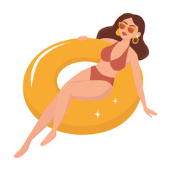 Woman relaxing on float swim ring. Flat style woman on vacation swimming in pool, resting or dreaming on water waves on inflatable ring or mattress. Summer travel and leisure on water, beach activity