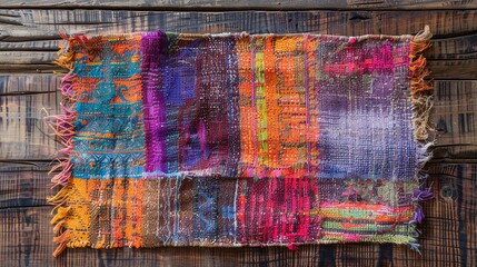 Bohemian style placemat, colorful and eclectic on reclaimed wood table, top view, artistic and free-spirited.
