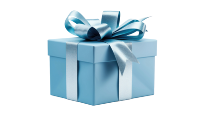 A small luxury gift box with a blue bow. Monochrome side view. A gift for Father's Day or Valentine's Day for him.