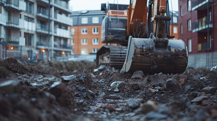 Fototapeta na wymiar Close-Up of Excavator at Work Near Major Buildings for Swedish Condominium Associations