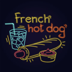 Outline french hot dog sign in neon color isolated on black background.