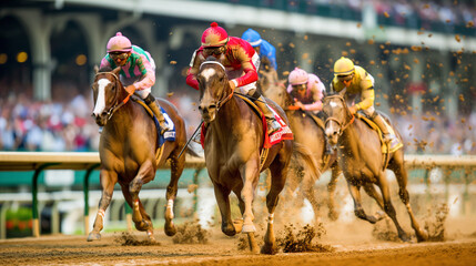 A group of jockeys are racing on a track. The horses are brown and white. The jockeys are wearing colorful outfits - obrazy, fototapety, plakaty