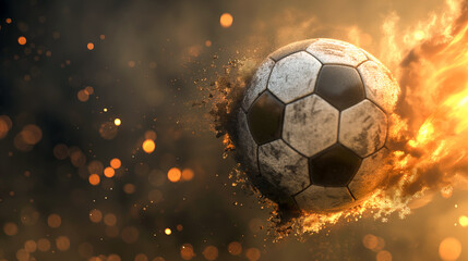 A soccer ball is in the air with a lot of debris around it. The image has a sense of chaos and...