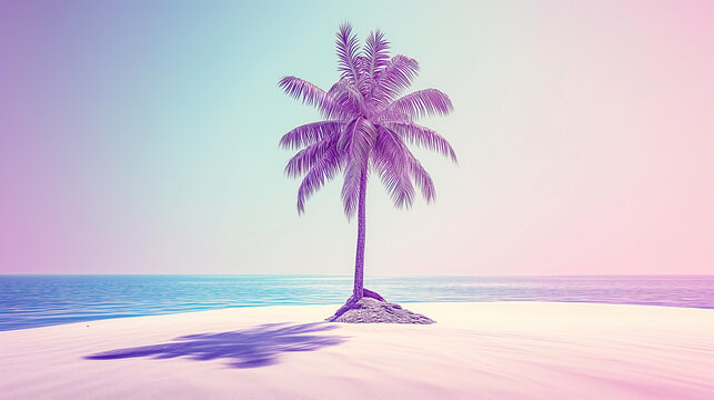 A palm tree is standing on a beach with a blue ocean in the background. The image has a calming and serene mood, as the palm tree is the only object in the scene