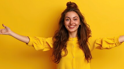 Photo of excited positive lady dressed cowskin top comparing arms empty space isolated yellow color background. copy space for text. - obrazy, fototapety, plakaty