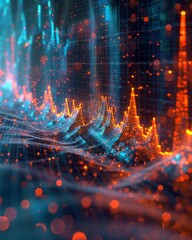 Design a futuristic 3D visualization of a constantly moving and evolving graph showcasing the fluctuations in the global economy over time ,super realistic,soft shadowns