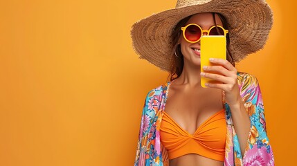 Photo of funny lady summer time holding telephone sending best friend photos from tropical ocean resort wear sun hat specs stylish beach cape isolated orange background. - obrazy, fototapety, plakaty