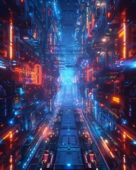 Explore a futuristic cyberspace filled with glowing neon lights and advanced technological structures ,3DCG,clean sharp focus - obrazy, fototapety, plakaty