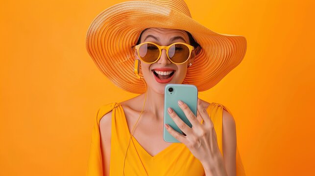 Photo of funny lady summer time holding telephone sending best friend photos from tropical ocean resort wear sun hat specs stylish beach cape isolated orange background.