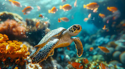 A sea turtle gracefully swims over a bustling coral reef, surrounded by vibrant marine life. The turtles smooth movements contrast with the colorful corals below, creating a dynamic underwater scene - obrazy, fototapety, plakaty