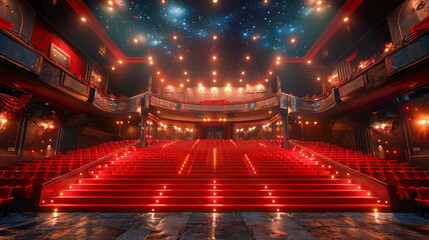 Empty cinema auditorium with red seats and led lights. Selective focus