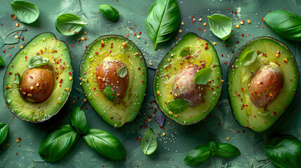 Avocado halves with basil and spices on green background, top view