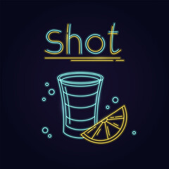 Outline neon alcoholic shot layers in a glass isolated on black background.