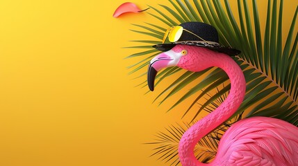 Pink flamingo with sunglasses and hat under palm leaf on yellow summer background 3D Rendering. copy space for text.