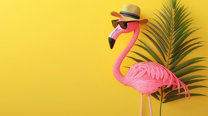 Pink flamingo inflatable belt with travel suitcase in turquoise blue water 3D Rendering. copy space for text.