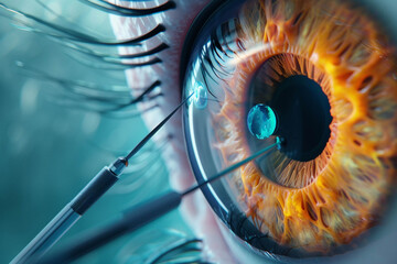 A 3D animation of the medical process to fix a detached retina, focusing on the eye, highlighting the tools and procedure, colored with uncommon hues for an outlandish impression - obrazy, fototapety, plakaty