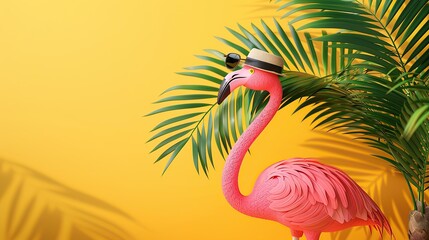 Pink flamingo with sunglasses and hat under palm leaf on yellow summer background 3D Rendering. copy space for text. - obrazy, fototapety, plakaty