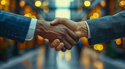 Close-up image of two businessmen shaking hands in a cafe