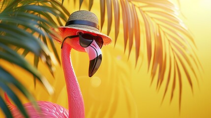 Pink flamingo with sunglasses and hat under palm leaf on yellow summer background 3D Rendering....