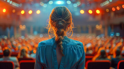 Back view of a woman with braided hair looking at the stage in the auditorium