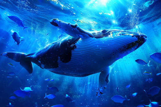 Sea ​​whale Blue Background. Majestic Whale Swimming in Ocean