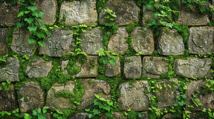 Beautiful texture of a moss covered stone wall background. A green nature pattern. A textured ancient rock surface with green grass and plants. An earthy textured background