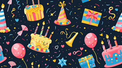 Colorful Pattern Featuring Cake, Party Hat, Horn, Candy, Confetti, Gifts, and Balloons