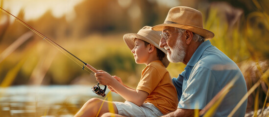 grandfather and grandson fishing together in a pond, generative ai