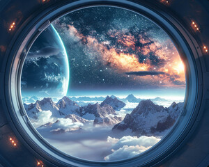 Magical porthole overlooking a celestial observatory with cutting-edge technology