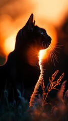 A captivating cat silhouette with radiant whiskers stands against the setting sun, offering a moment of evening tranquility and natural beauty