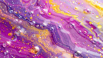 Colorful liquid background with bubbles and glitter, vibrant purple pink yellow abstract oil painting, psychedelic texture, swirling patterns of paint on water surface, top view, oil ink, colorful