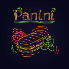 Delicious outline panini sandwich sign in neon color isolated on black background.