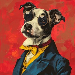 A dapper dog dressed in a bow tie and round glasses against a striking red background, this illustration combines classic elegance with a modern twist