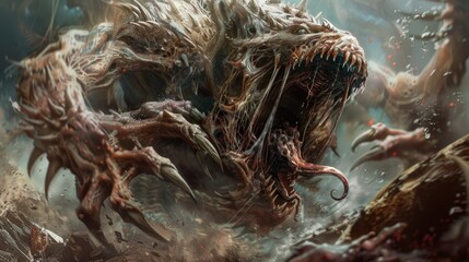 Detailed, grotesque monster in the midst of devouring its prey - obrazy, fototapety, plakaty