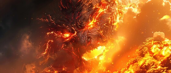 Detailed, fiery monster erupting from the core of a volcano - obrazy, fototapety, plakaty