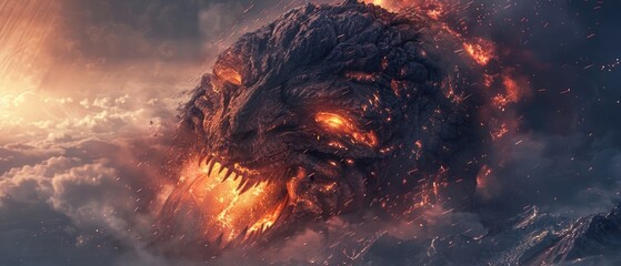 Detailed, fiery monster erupting from the core of a volcano