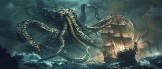 Detailed, mythical kraken monster, pulling a ship into the deep sea