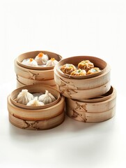Chinese dim sum assortment, steamed dumplings and buns, isolated on white background, Cantonese delicacy.