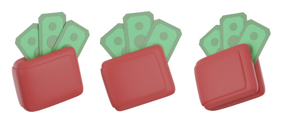 set of 3d wallet with transparent background, PNG, 3d render wallet full of money, red wallet