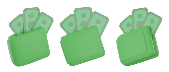 set of 3d wallet with transparent background, PNG, 3d render wallet full of money, green wallet